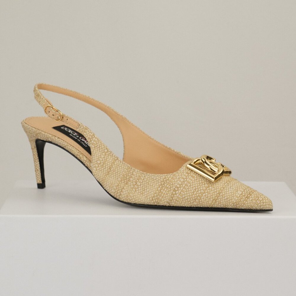 Dolce&Gabbana Raffia Medallion Logo-Plaque Slingback Pumps,Light Sand,EU 38 US 8